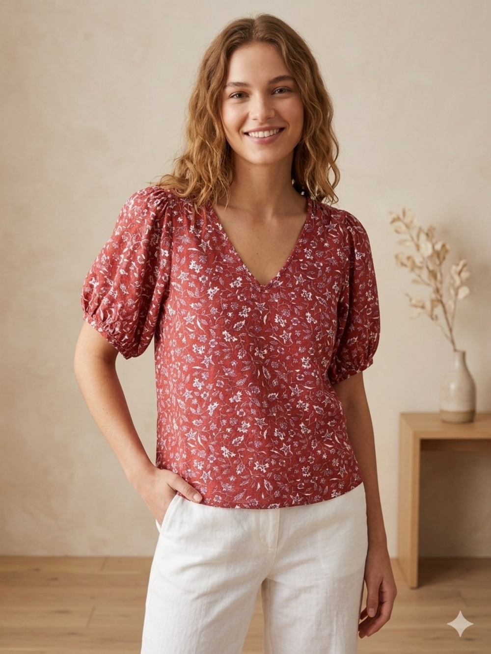 Madewell Dusty Rust Floral V-Neck Puff Sleeve Top